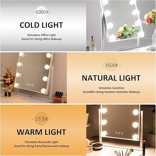 Miniatura 5 de YINGPM Espejo de tocador iluminado Hollywood de 17 pulgadas de largo x 11 pulgadas de ancho, iluminación de alta pureza, control táctil inteligente,