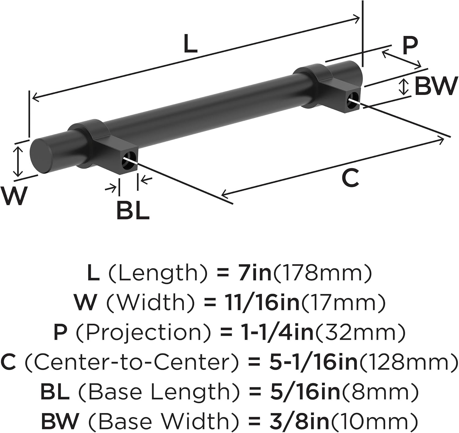Amerock Central 5-1/16 inch (128mm) Center-to-Center Matte Black Cabinet Pull - 10 Pack