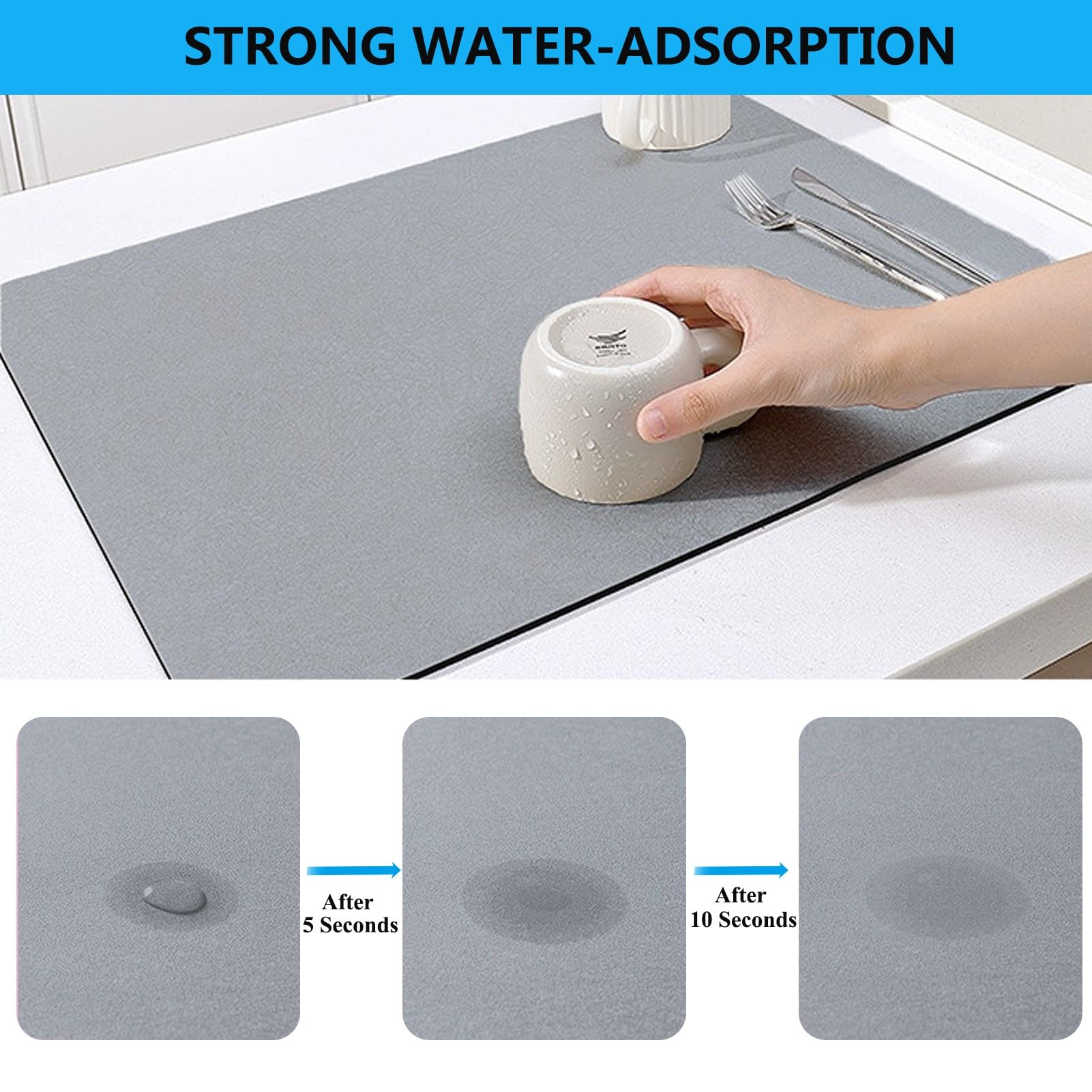 TENQUAN Sink Drainer Mat 20'' x 12'' Super Absorbent Draining Mat No-Rinse Dish Drying Mat Non-Slip Draining Mat Coffee Tamper Mat Stone Drying Mat for Kitchen Counter Coffee Bar Dishes Light Grey 2