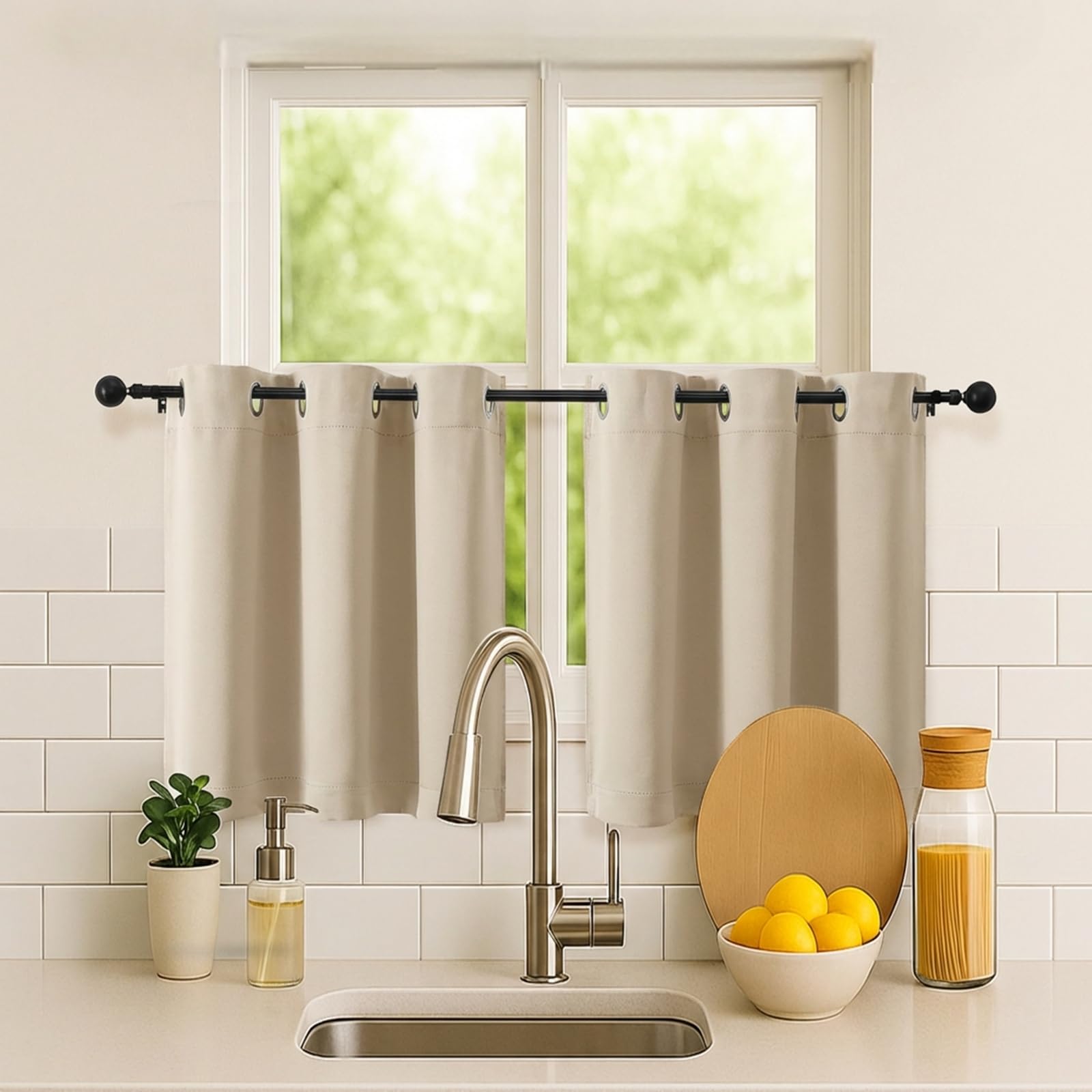 Simplebrand Biscotti Beige Short Kitchen Curtains 24 Inch Length 2 Panels Set, Small Windows Room Darkening Curtain for Bathroom, Basement, RV Camper, Thermal Insulated Short Drapes, 40 x 24 Inch