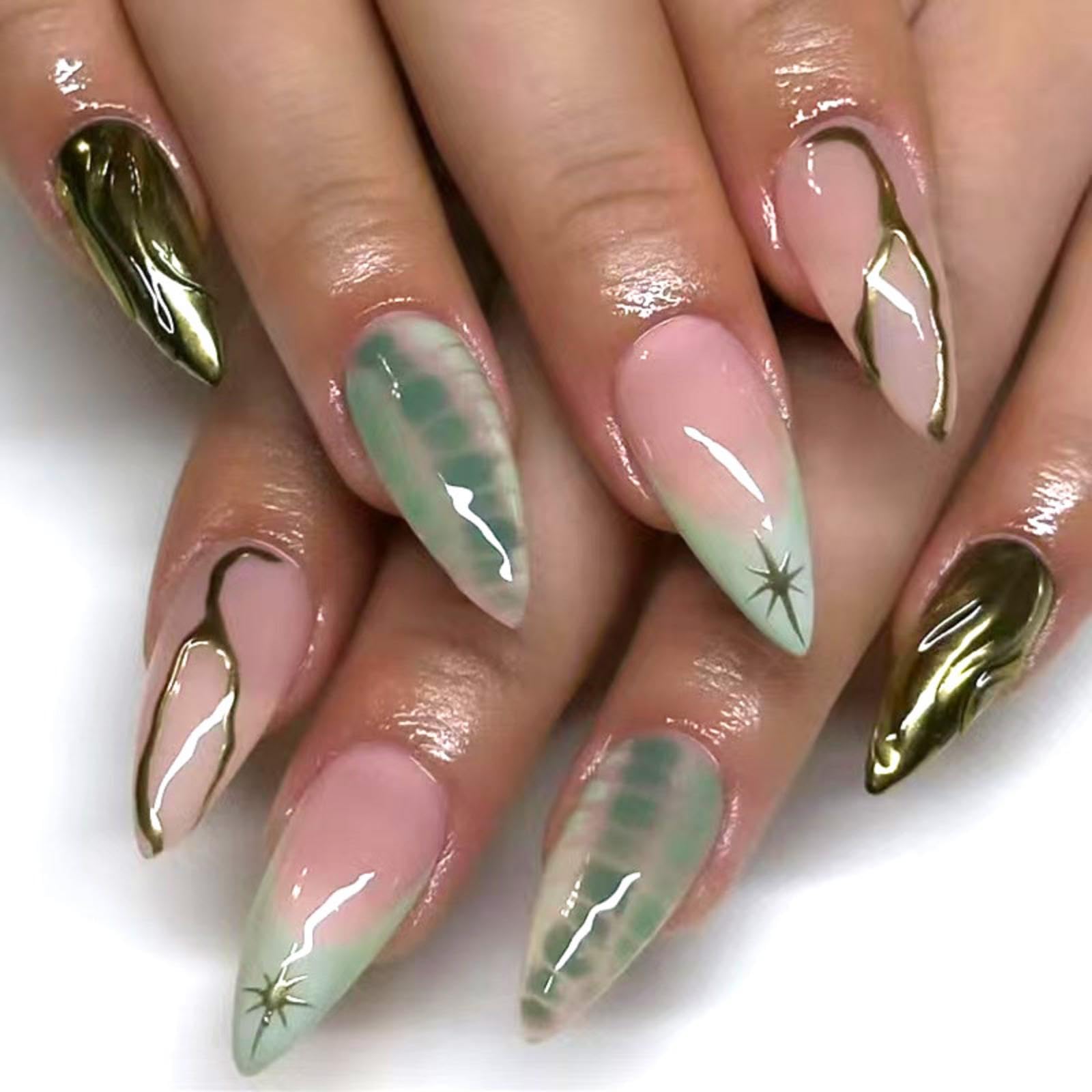 Green French Tip Press on Nails Short Almond Fake Nails Gold Line False Nail with Design Star Glue on Nails Glossy Artificial Acrylic Nail Full Cover
