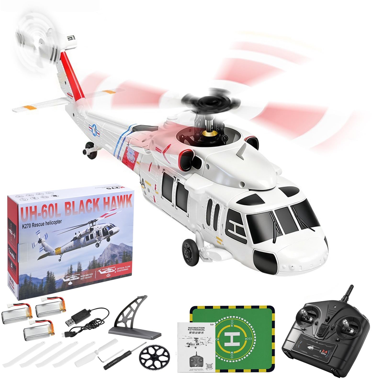 Elicottero radiocomandato K270 UH-60L elicottero brushless flybarless a 4 canali con 4 pale senza alettoni mantenimento dell'altitudine posizionamento ottico del flusso(3 Batteries)