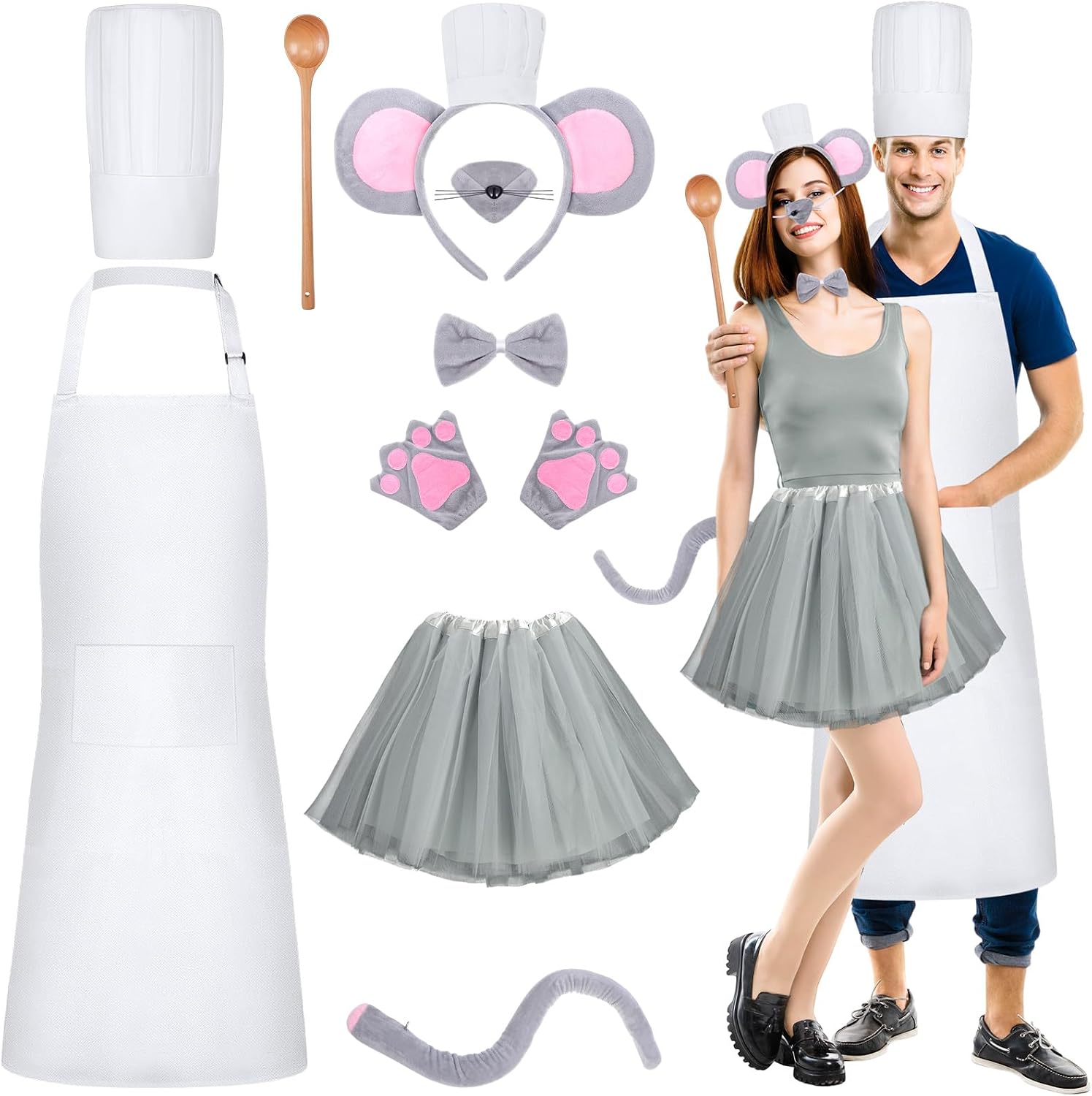 9 Pcs Halloween Mouse Chef Couple Costume Accessories Ears Headband Tail Tutu Skirt Chef Hat Apron Spoon(M,Cook Apron)