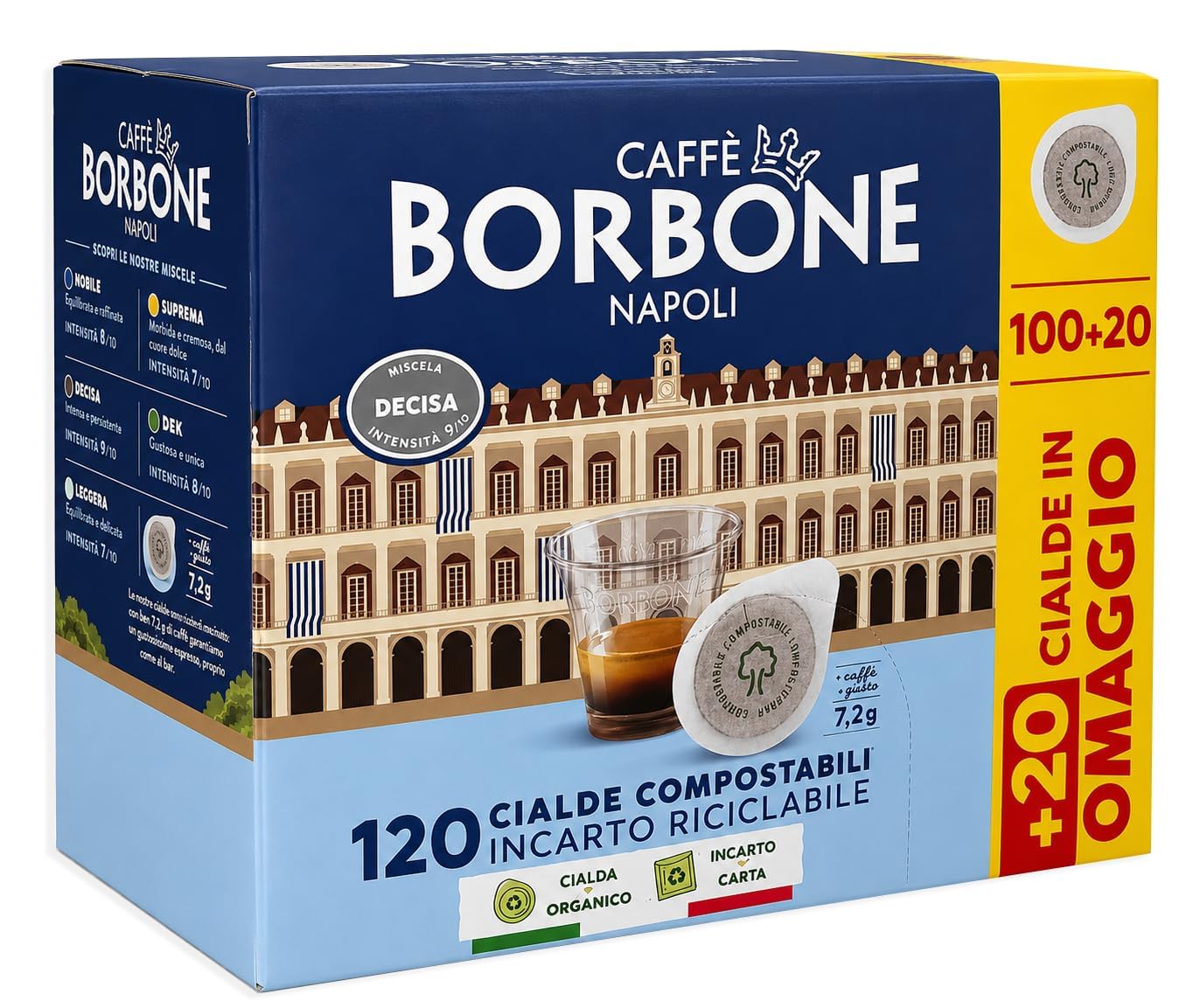 Caffè in Cialde Box 120 Cialde (100 + 20 Omaggio) Miscela a Scelta Caffè Espresso Italiano Compostabile dal Gusto Intenso e Cremoso per borbone 864g