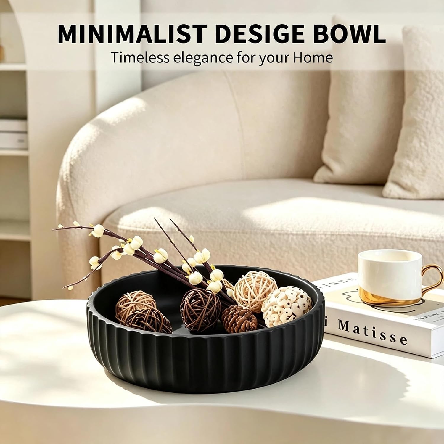 Large Decorative Bowl for Home Decor,10 inch Handcrafted Fruit Bowl Decorative,Stylish Key Bowl for Entryway Table,Catch All Bowl for Kitchen Counter,Coffee Table,Modern Centerpiece - Matte Blak