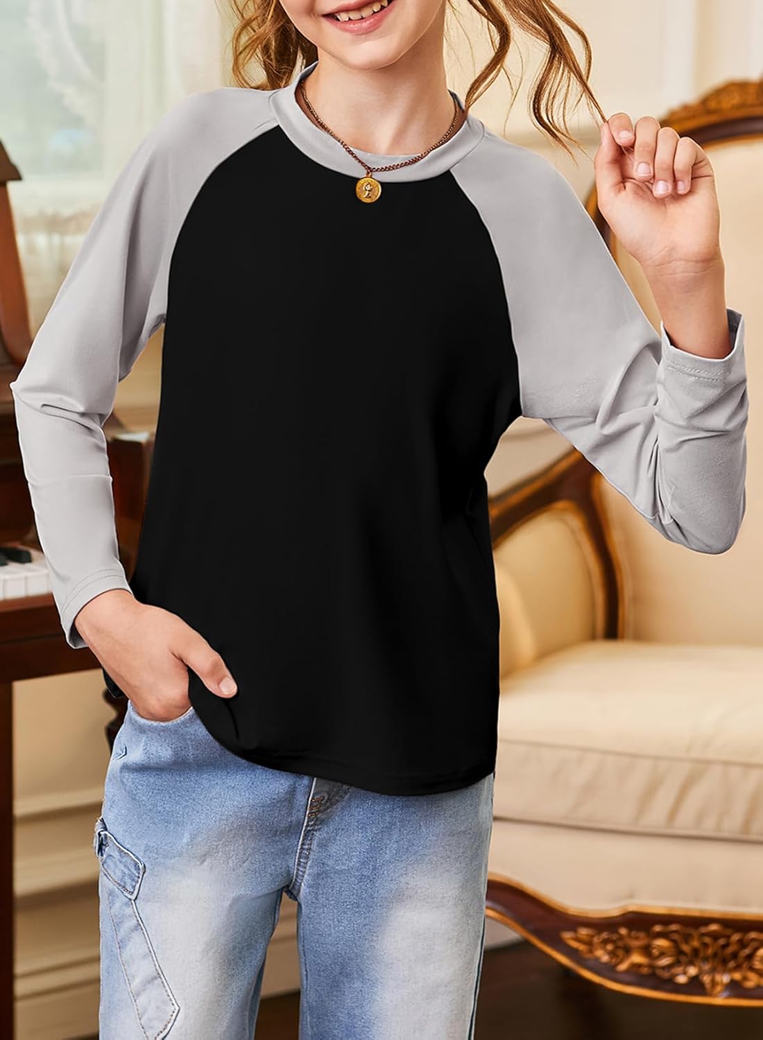 blibean Tween Girls Fall Shirts Tween Kids Girl Long Sleeve Tshirts Cute Color Blocked Tops Fashion Clothes Size 14-15 Years Old A Black - Image 2