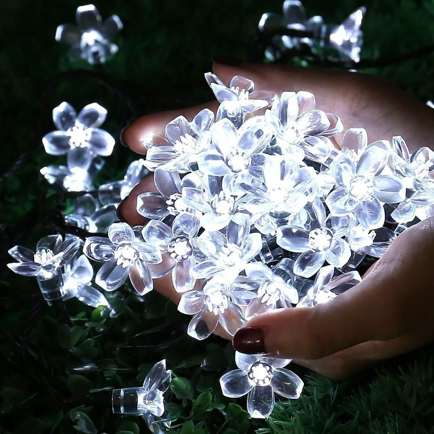 Catena luminosa a energia solare per esterni, con telecomando, catena luminosa a forma di fiore di ciliegio, 52 m, 500 LED con 8 modalità, a energia solare per giardino (bianco)