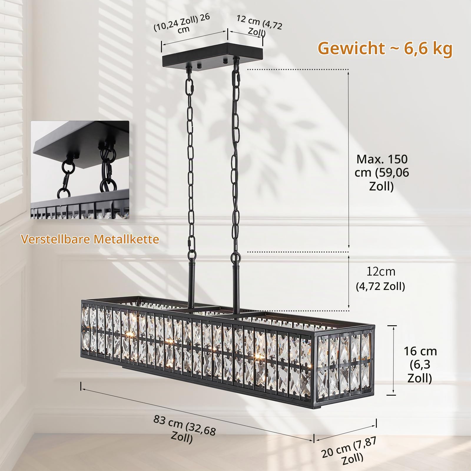 Schwarzer Kristall-Kronleuchter, 5-Licht Vintage Industrie-Kristall-Lampe mit E14 dimmbaren Sockel, Rechteck hängende Decke Pendelleuchte höhenverstellbar für Kücheninsel, Esszimmer