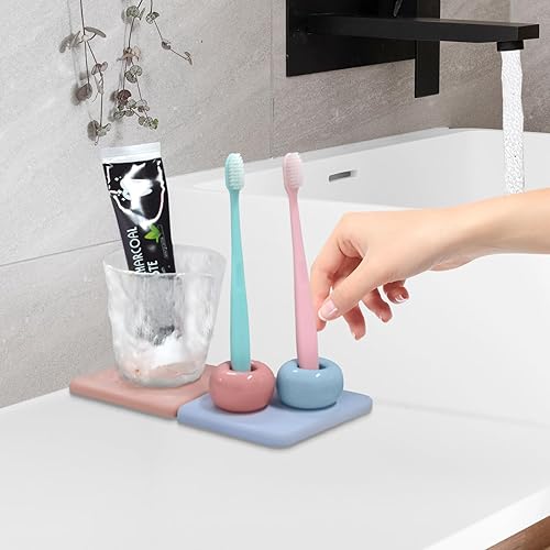 Miniatura 4 de SNAIL GARDEN Mini soportes de cerámica para cepillos de dientes con bandeja, 2 soportes pequeños para cepillos de dientes con 2 bandejas de