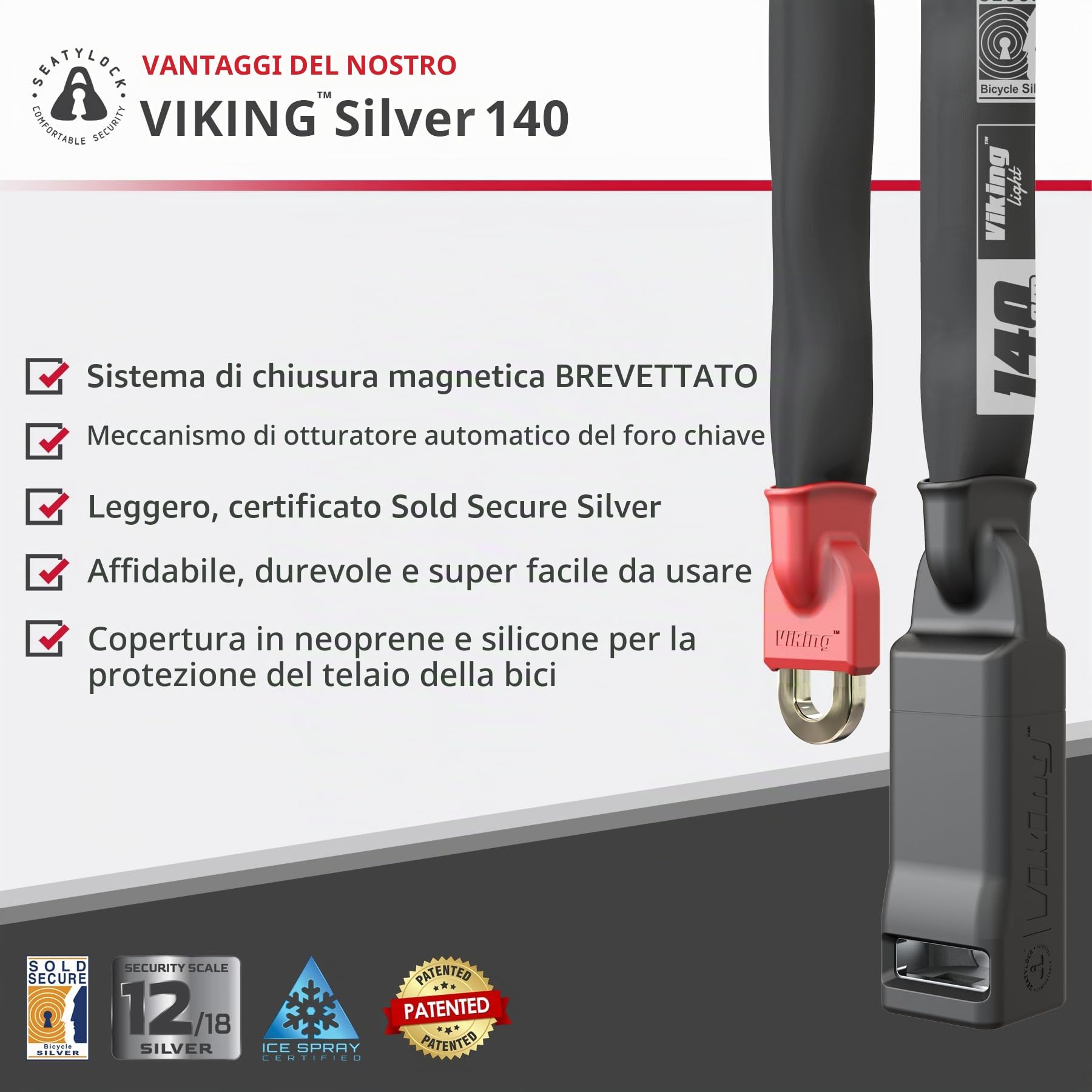Seatylock Viking - Catena con lucchetto per bicicletta con chiave, antifurto brevettato, per mountain bike o bici elettriche (140 cm, colore argento)