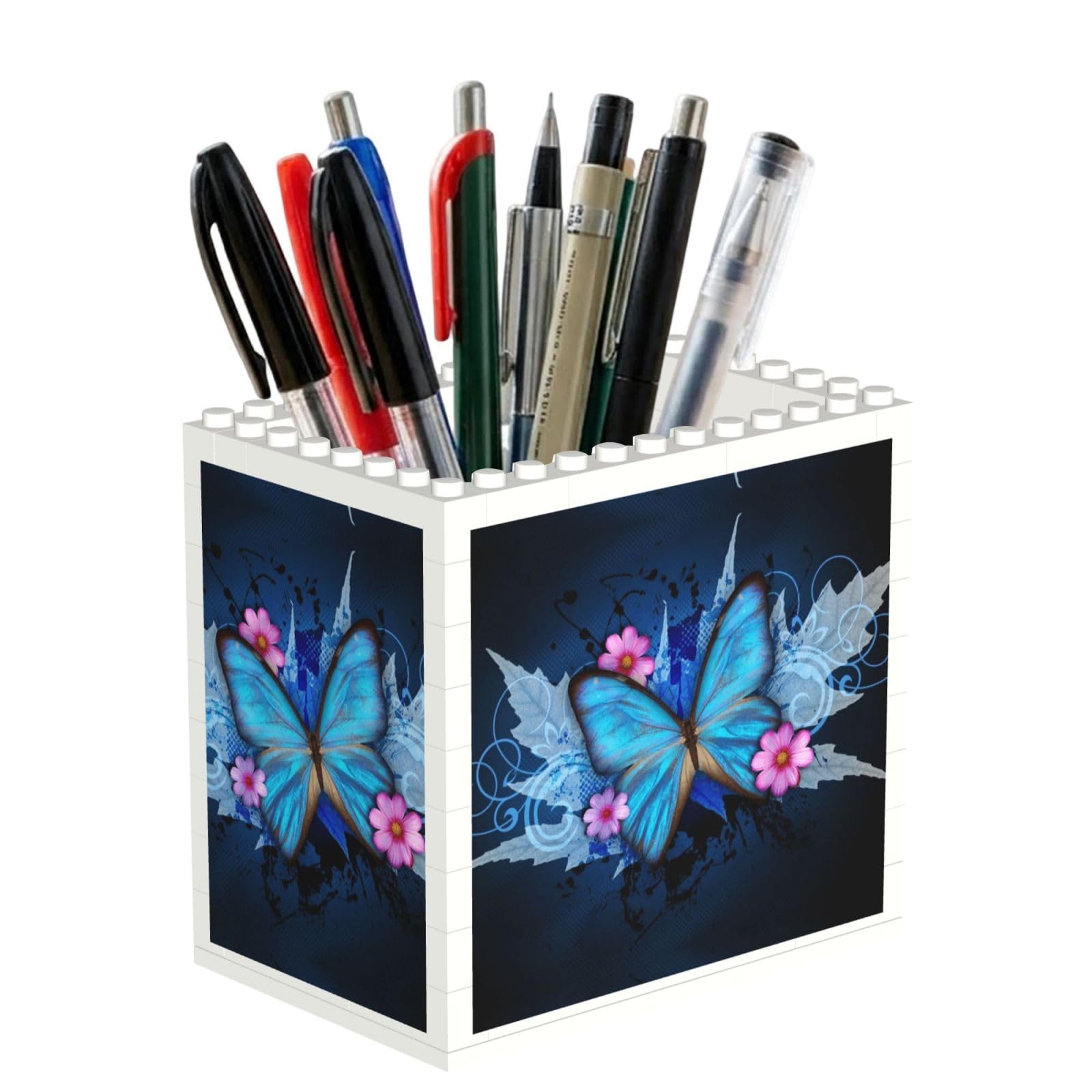 SATUSA Butterfly Print Building Block Texture Pen Holder - Pencil Holder For Desk Pen Organizer,Aesthetic Desk Accessories For Women(1pcs)