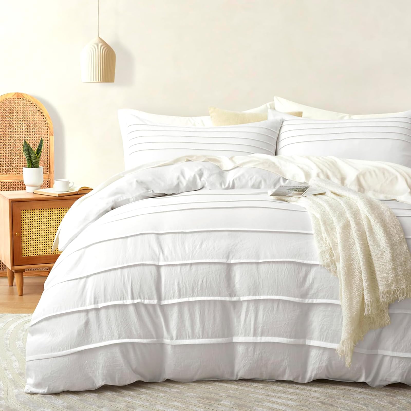 DJY Set copripiumino bianco, king size, motivo bohémien plissettato, set di biancheria da letto king size, 3 pezzi, in morbida microfibra, testurizzato, con chiusura a cerniera (bianco, 230 x 220 cm)