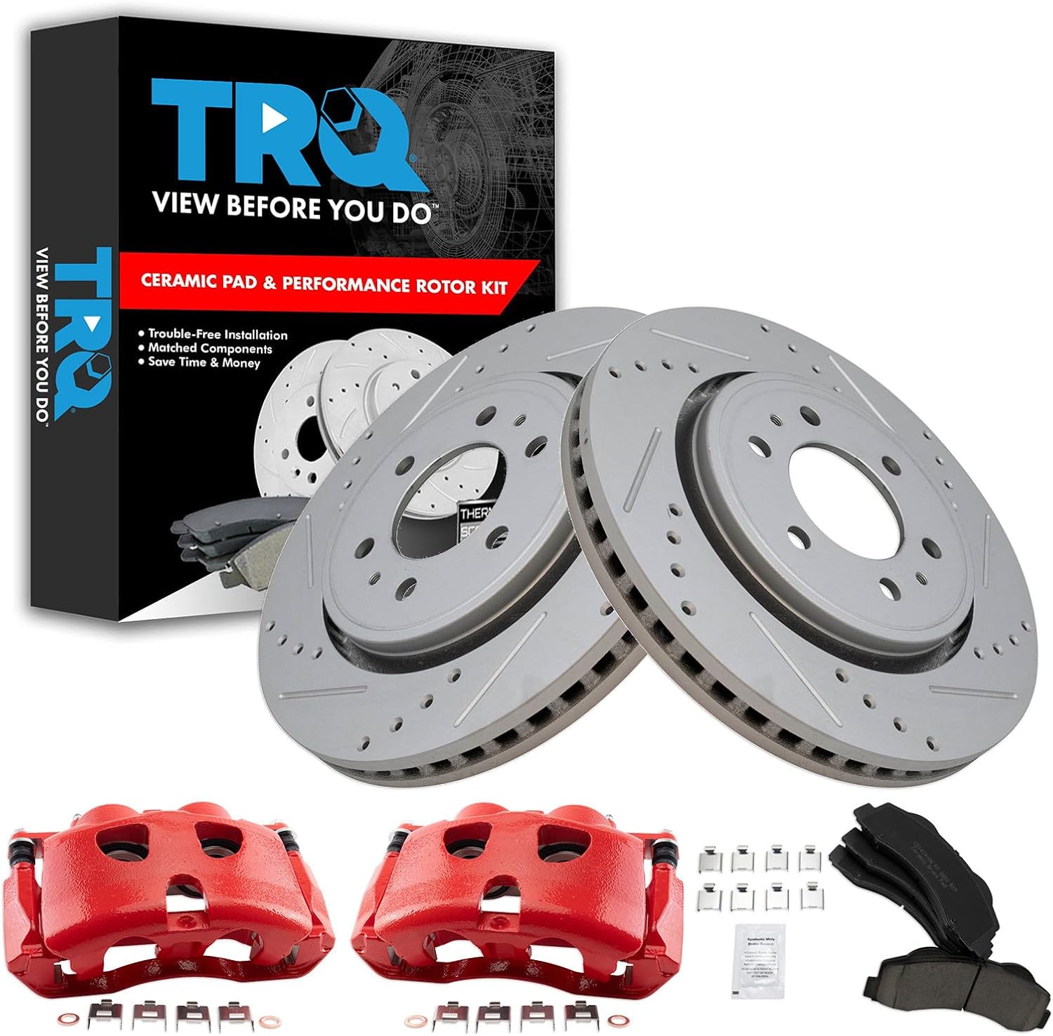 TRQ Front Performance Brake Pad & Rotor Kit Brake Caliper Brake Pads Brake Rotors Set Ceramic Premium G-Coated Red Compatible with 2010-2017 Ford Expedition 2010-2011 F-150 2011-2017 Lincoln Navigator