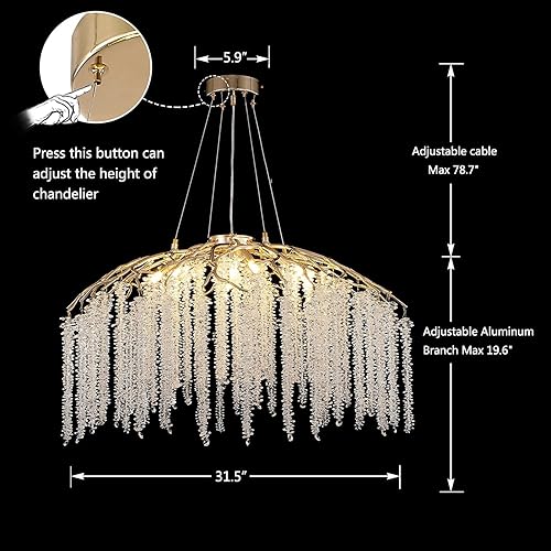 Miniatura 3 de Candelabro de cristal dorado moderno, lámpara de araña de cristal con ramas de árbol de lluvia, 9 luces, lámpara de techo colgante de lujo para