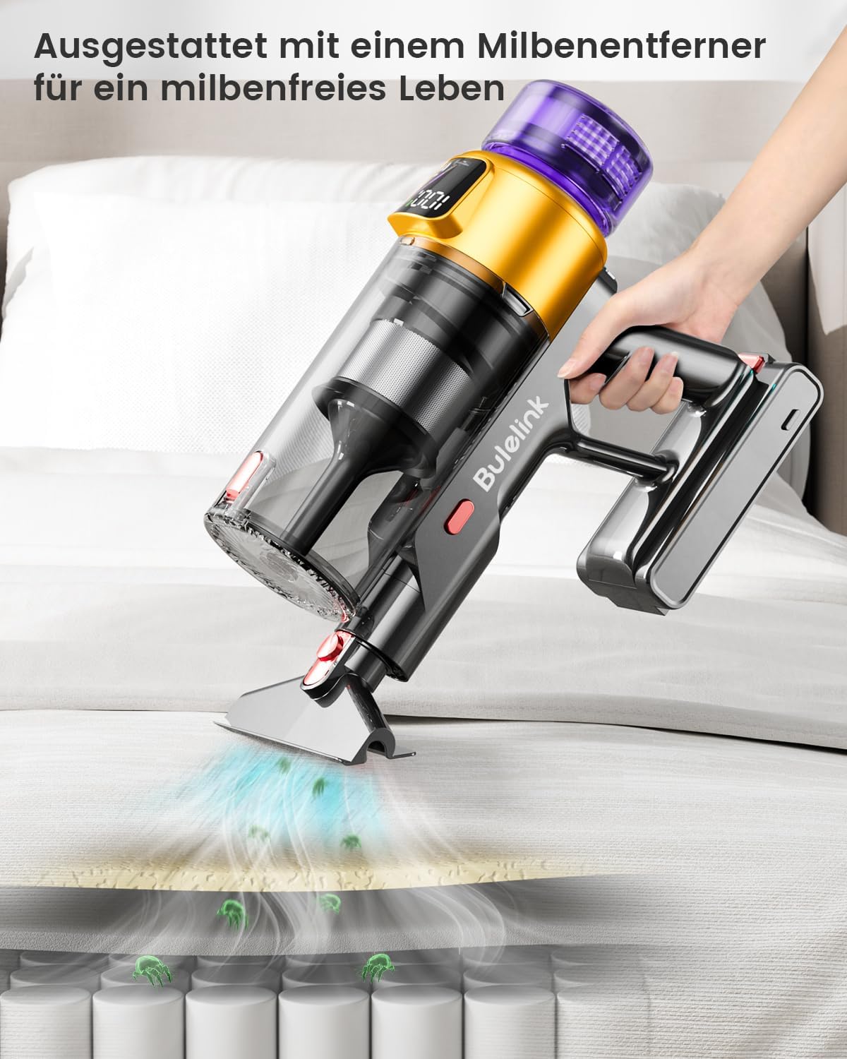 Bulelink Max 5 in handheld mode with a mite remover attachment cleaning a mattress