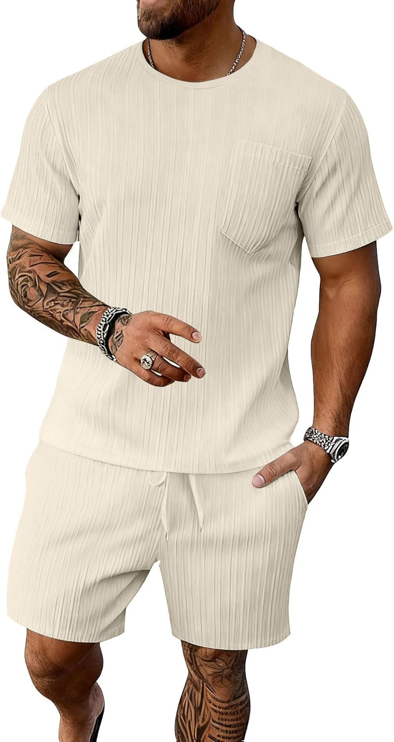 Bealin Men's Summer Beach Outfits 2 Piece Vintage Short Sleeve T Shirts and Shorts Vacation Texture Sets