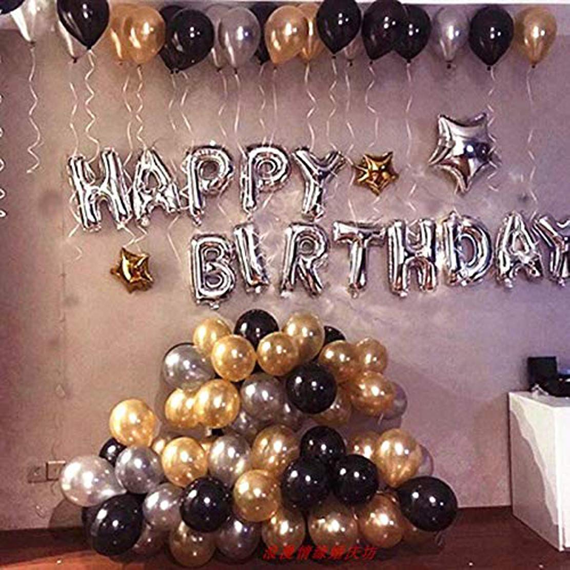 YNS Crafts Stock ® Solid Happy Birthday Letter Foil Balloon Set of 63 Balloon for Decoration Husband /Wife/ Girls / Boys/ Kids/ Mom/ Dad(Silver, Black, Silver, Gold, Pack of 63)