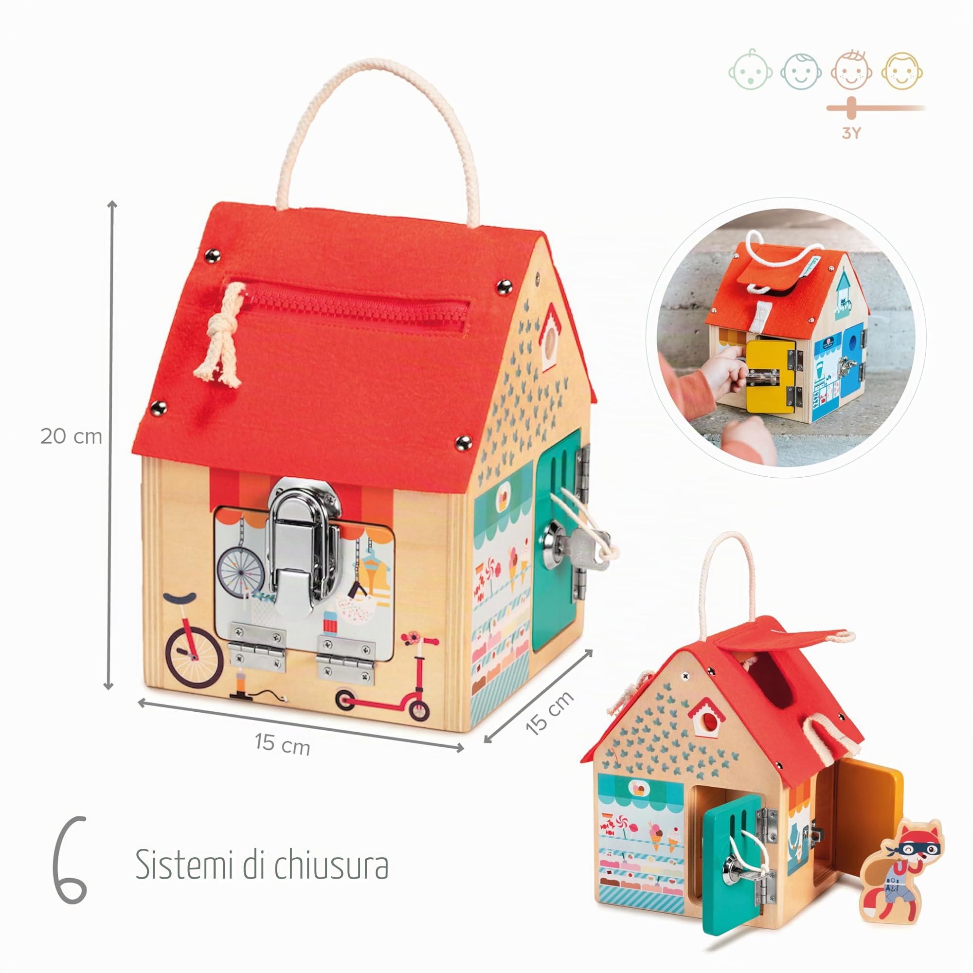 LILLIPUTIENS - Casa dell’apprendimento Multi-Chiusure in Legno - Giocattolo educativo in Legno con 6 sistemi di Chiusura - Chiavi, Scratch, chiavistello, Gancio... - Motricità e immaginazione - 83263