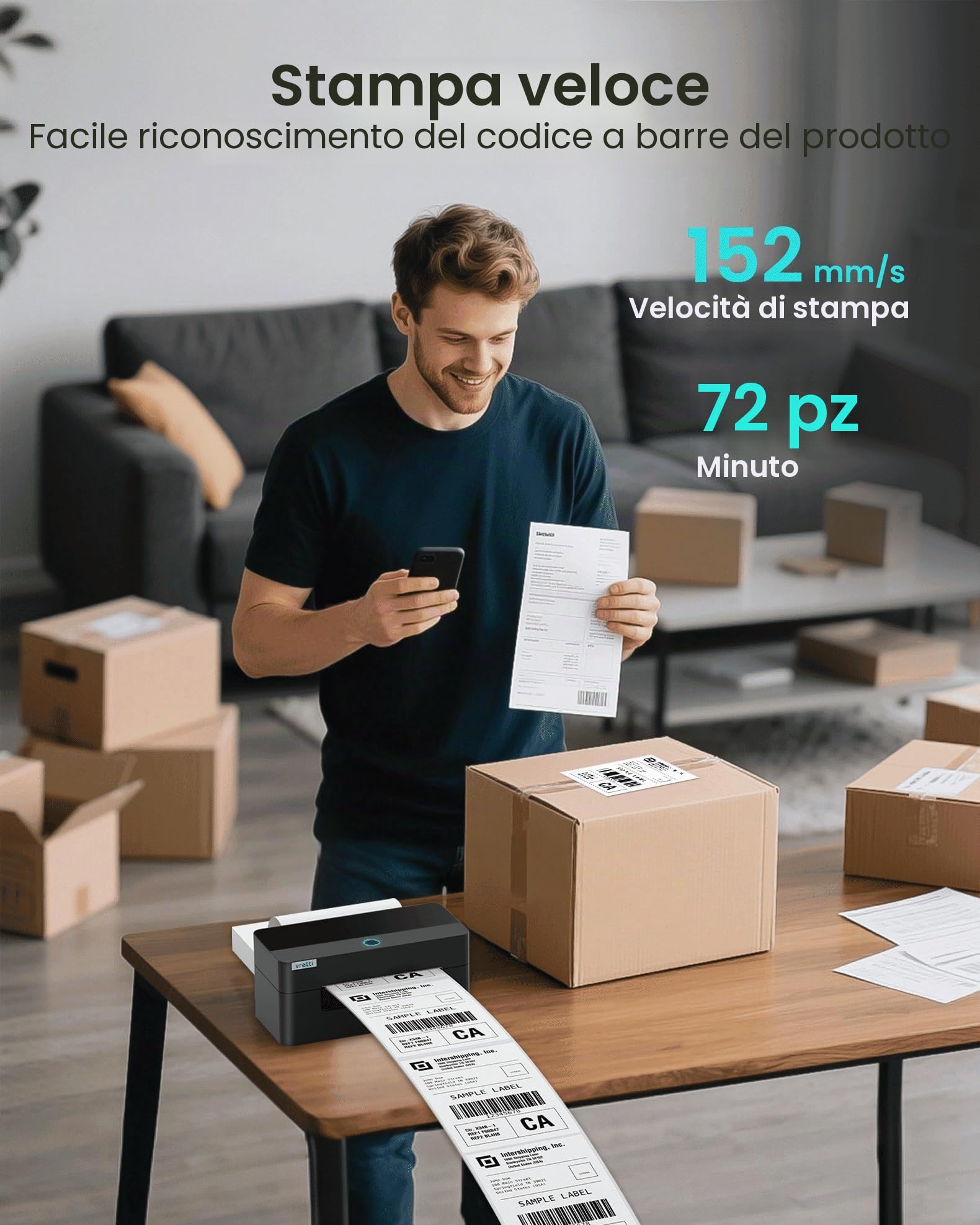vretti Stampante Etichette Adesive e Spedizione con USB/Bluetooth | Alta Qualità 99.99% Scansione | Testina 3x Durata | 70% Risparmio Costi | Compatibile con Amazon, DHL, UPS