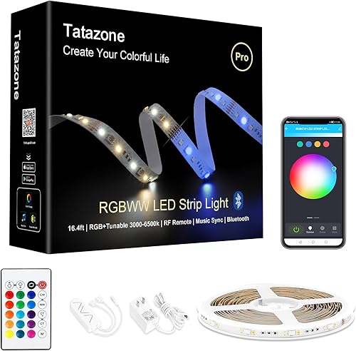 RGBWW - Tira de luces LED Bluetooth, 16.4 pies, sintonizable, color blanco, 3000 K a 6500 K+RGB tiras de luz LED, sincronización de música, cambio