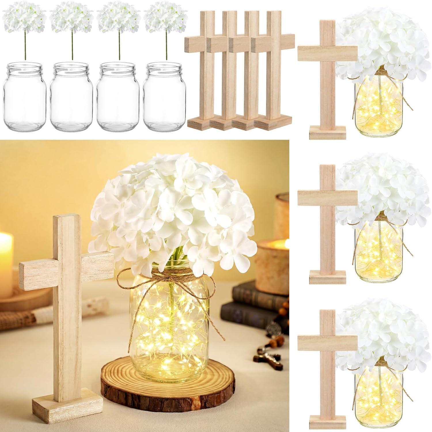37 Pcs/4 Sets Baptism Centerpieces for Table Cross Mason Jar Centerpieces with Wooden Cross Crafts Light Strings for Baptism First Communion Church Wedding Favors(Peony)