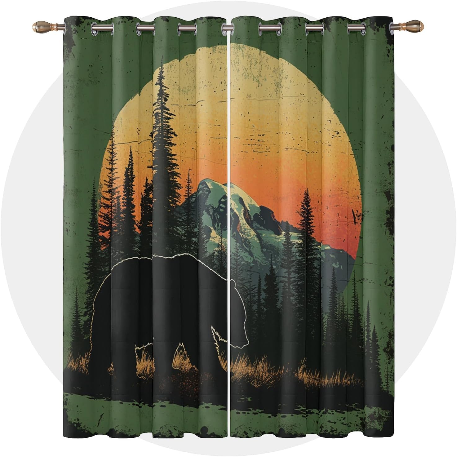 Bear Curtains 63 Inch Length - Cabin Animal Wildlife Rustic Sunset Patterned Blackout Curtains for Living Room Bedroom, Room Darkening Grommet Drapes Window Treatments, 2 Panel Set