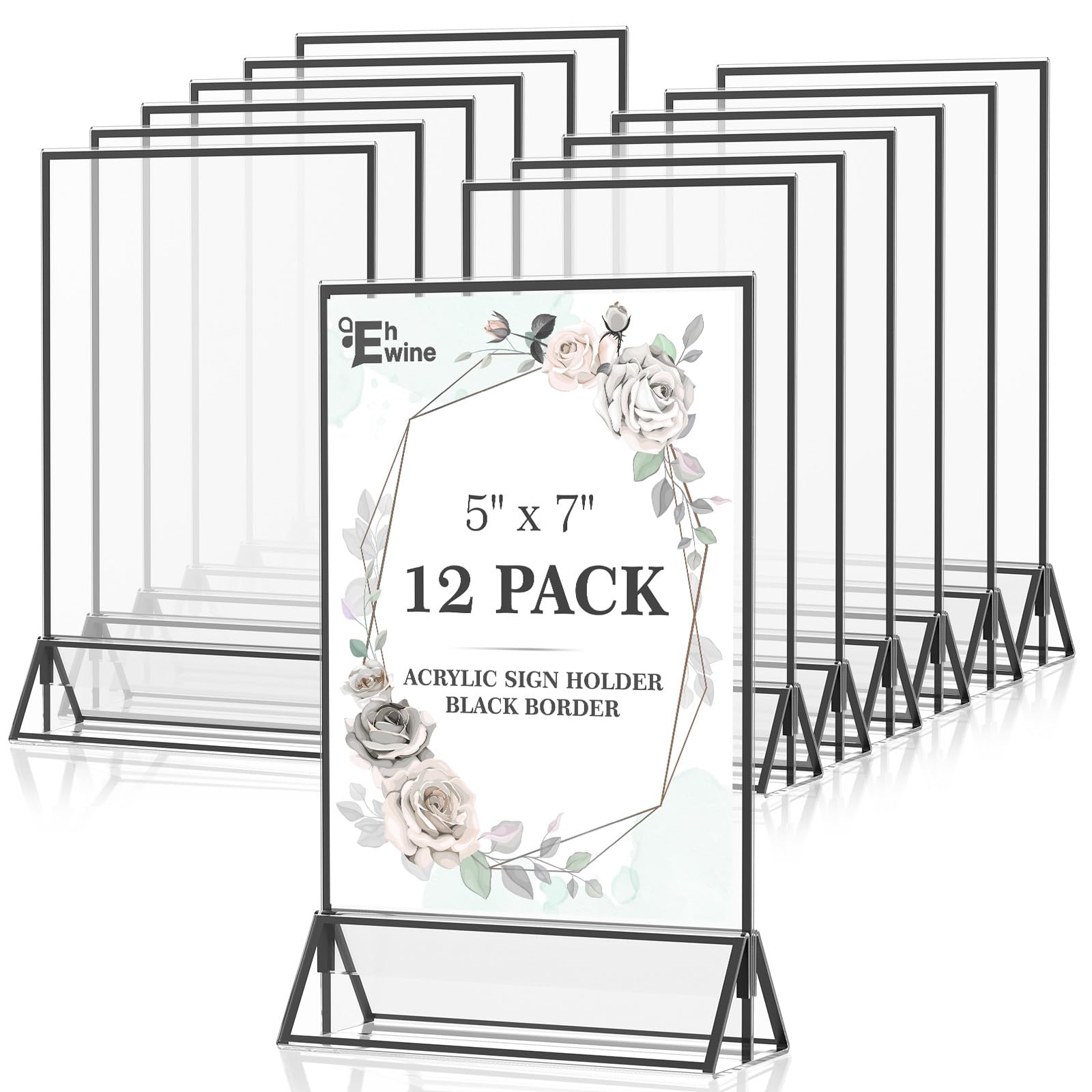 EHWINE 12 Pack Acrylic Sign Holder 5 x 7, Double Sided Black Picture Frame Stand up Table Top Sign Holders, Clear Display Stand Menu Flyer Holder for