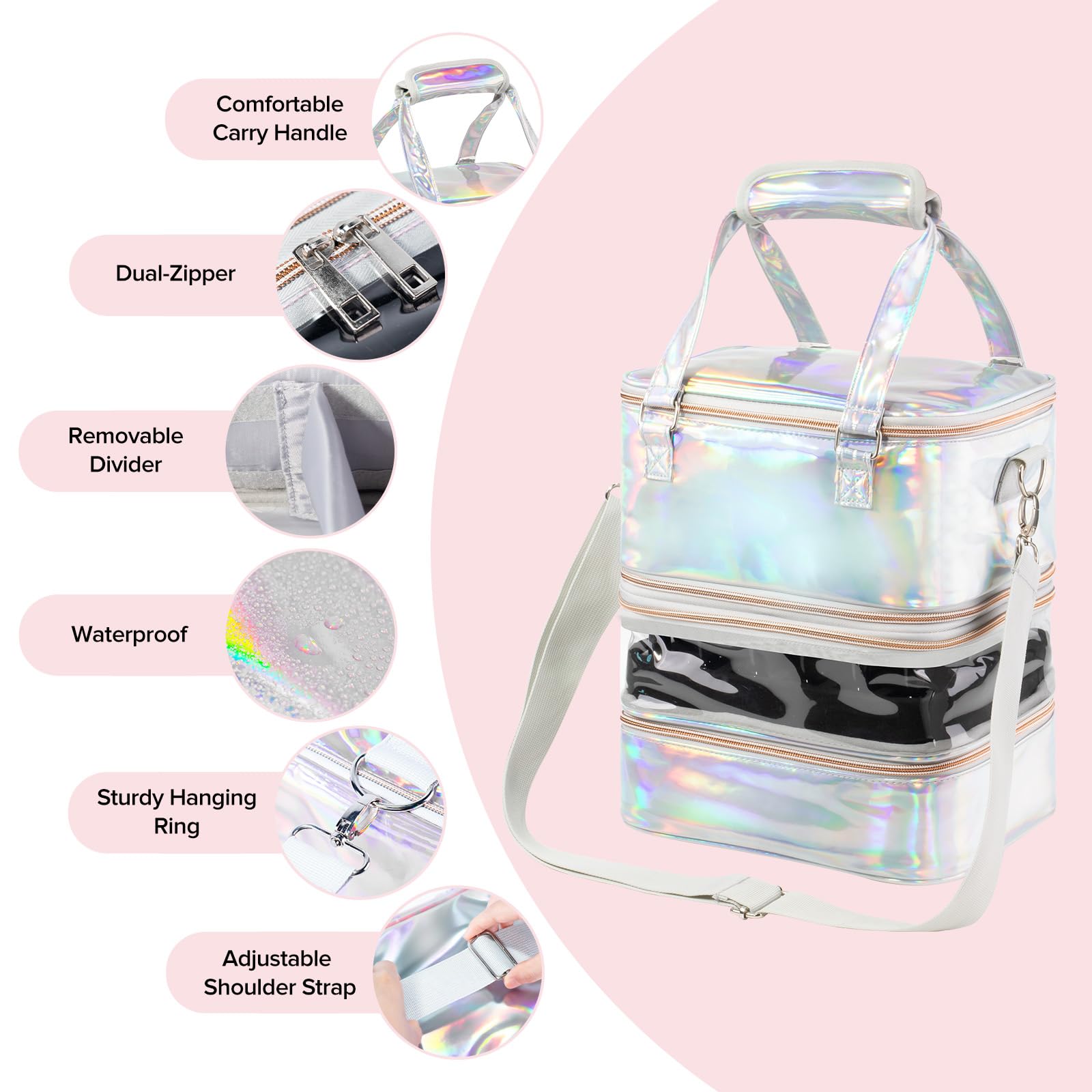 Custodia organizer per smalti, a 3 strati, rimovibile, può contenere 60 flaconi e lampada per unghie, con tracolla, portatile, olografica, in pelle PU, kit per strumenti per manicure (argento)