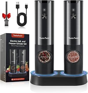 Electric Salt and Pepper Grinder Set, USB Rechargeable Stand, Automatic Salt Pepper Shakers Refillable, Spice Mill for Kitchen, One Hand Operation, Adjustable Coarseness, LED Light