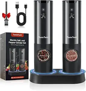 Electric Salt and Pepper Grinder Set - White Elephant Gifts for Adults,Kitchen Gadgets,USB Rechargeable Stand,Automatic Spice Mill Shakers Refillable,One Hand Operated,Adjustable Coarseness,LED Light