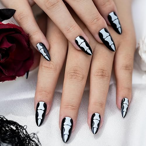 Uñas postizas a presión de huesos góticos, con temática de Halloween, 24 piezas de diseños largos horribles de cobertura completa, uñas postizas de