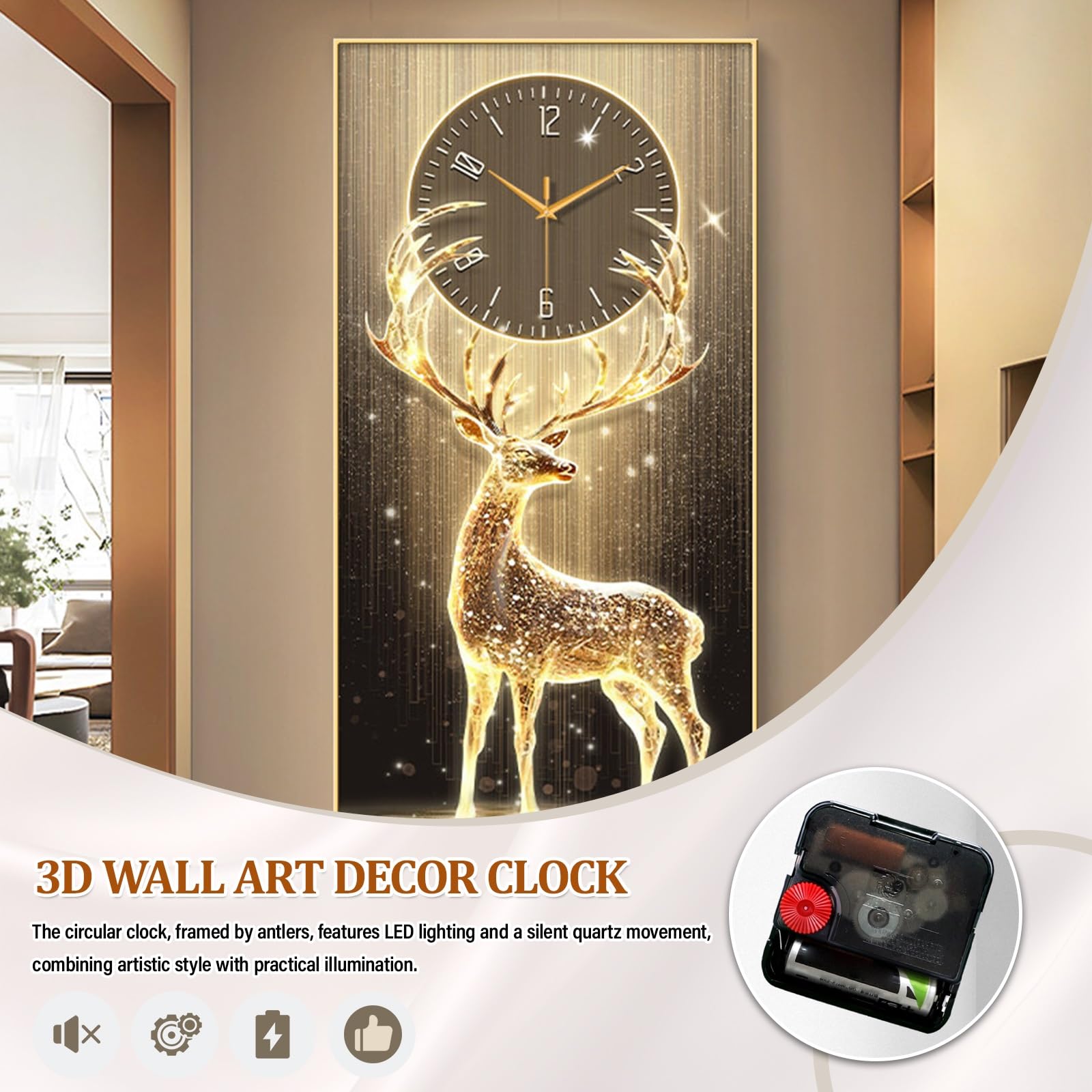 Orologio da parete 3D con luce LED, movimento al quarzo silenzioso, design con corna luminose, scultura decorativa per ingresso moderno
