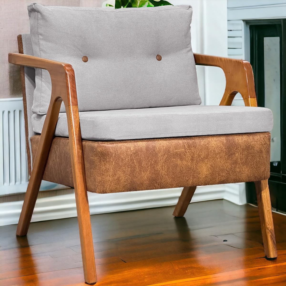 poltrona decorativa estofado confortável linho premium cinza escuro para sala escritório quarto recepção (bege)