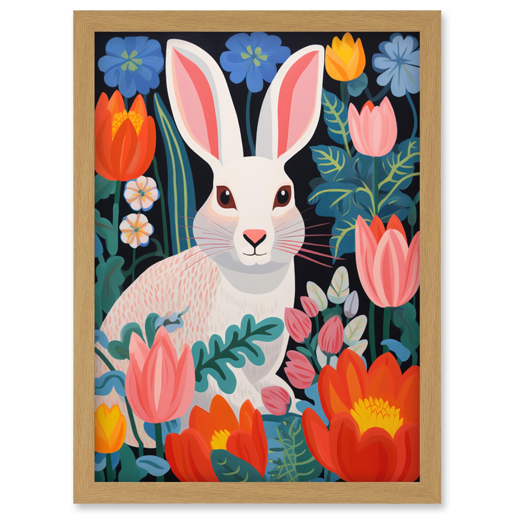 Artery8 Bunny Rabbit in Colourful Bold Vibrant Flowers Kids Bedroom Floral Artwork Garden Spring Blooms Artwork Framed Wall Art Print A4