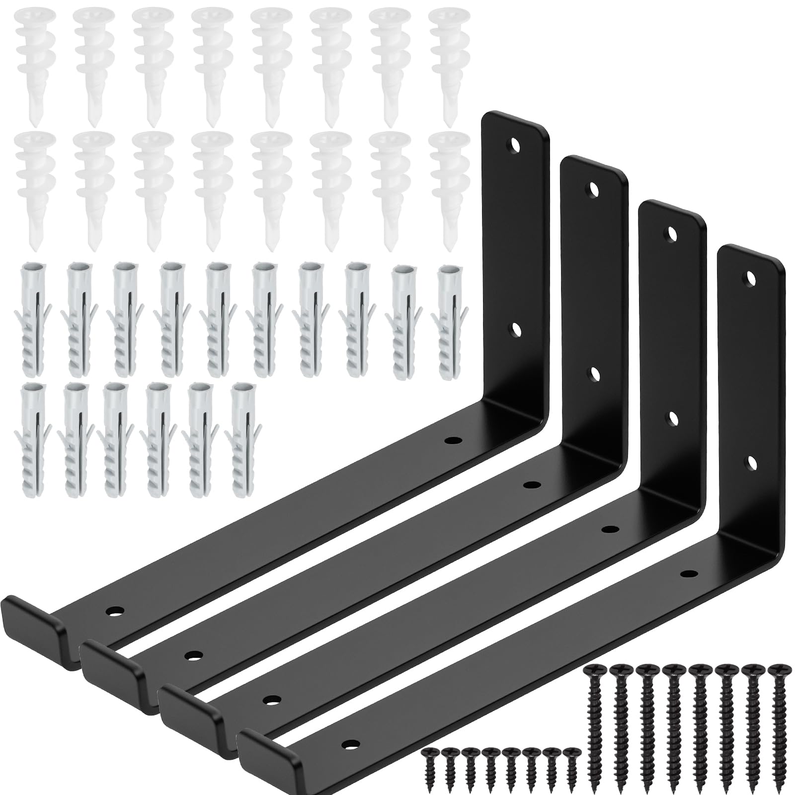 Swpeet 4 Pack 11.2" L x 5.9" H 5mm Thick Black Heavy Duty Shelf Supports with Lip, J Shelf Bracket with Lip, Metal Floating J Wall Mount Shelf Brackets with Screw and Anchors Kit for Table Work Bench