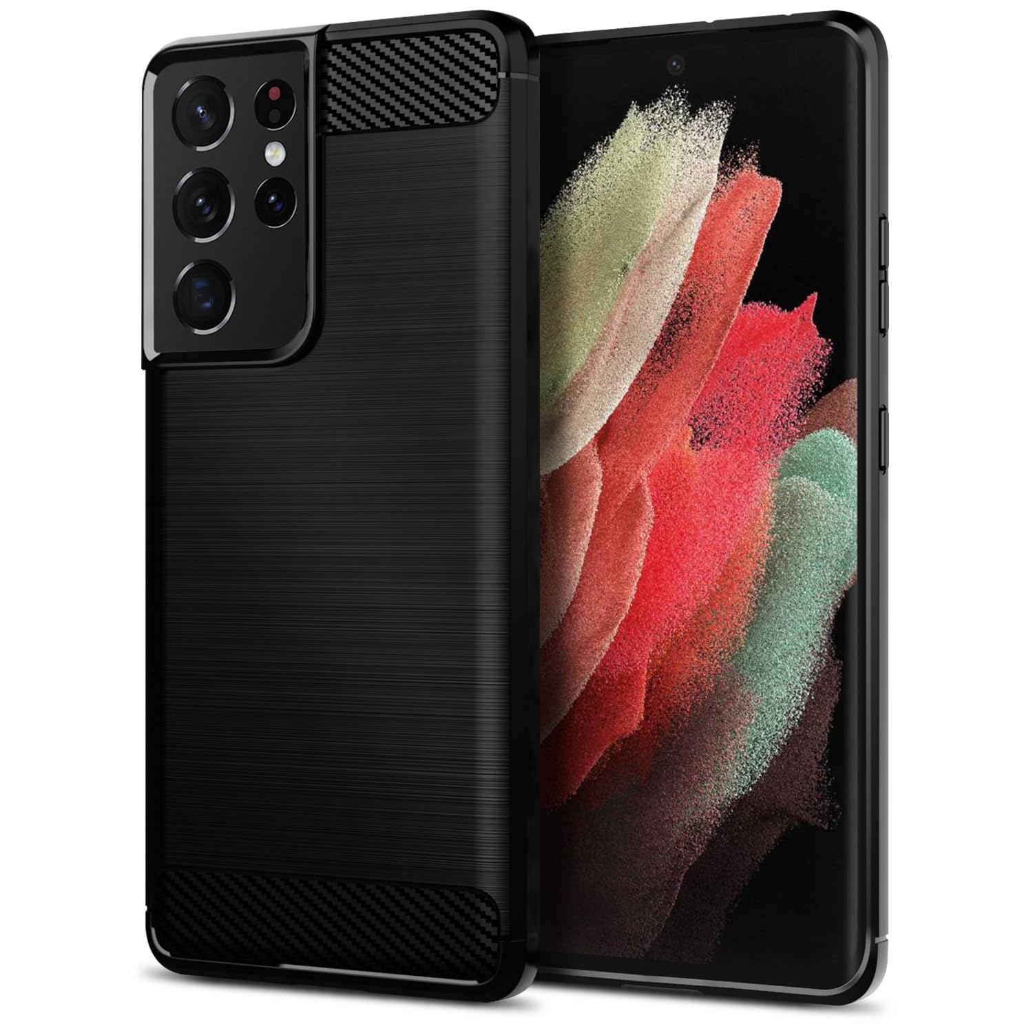 Qiinogow Case Compatible with Samsung Galaxy S21 Ultra 5G, Slim Fit Phone Cover with Shock-Absorption, Carbon Fiber TPU Rubber Protective Case, Black