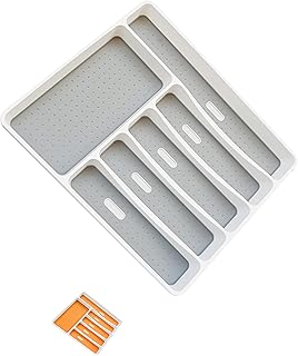 Sabshach 6 Compartments Cutlery Tray - Cutlery Drawer Organiser - Anti-Slip Plastic Cutlery Trays For Office - Kitchen Drawer Organiser - Utensil Drawer Organiser For Kitchen (White & Gray)