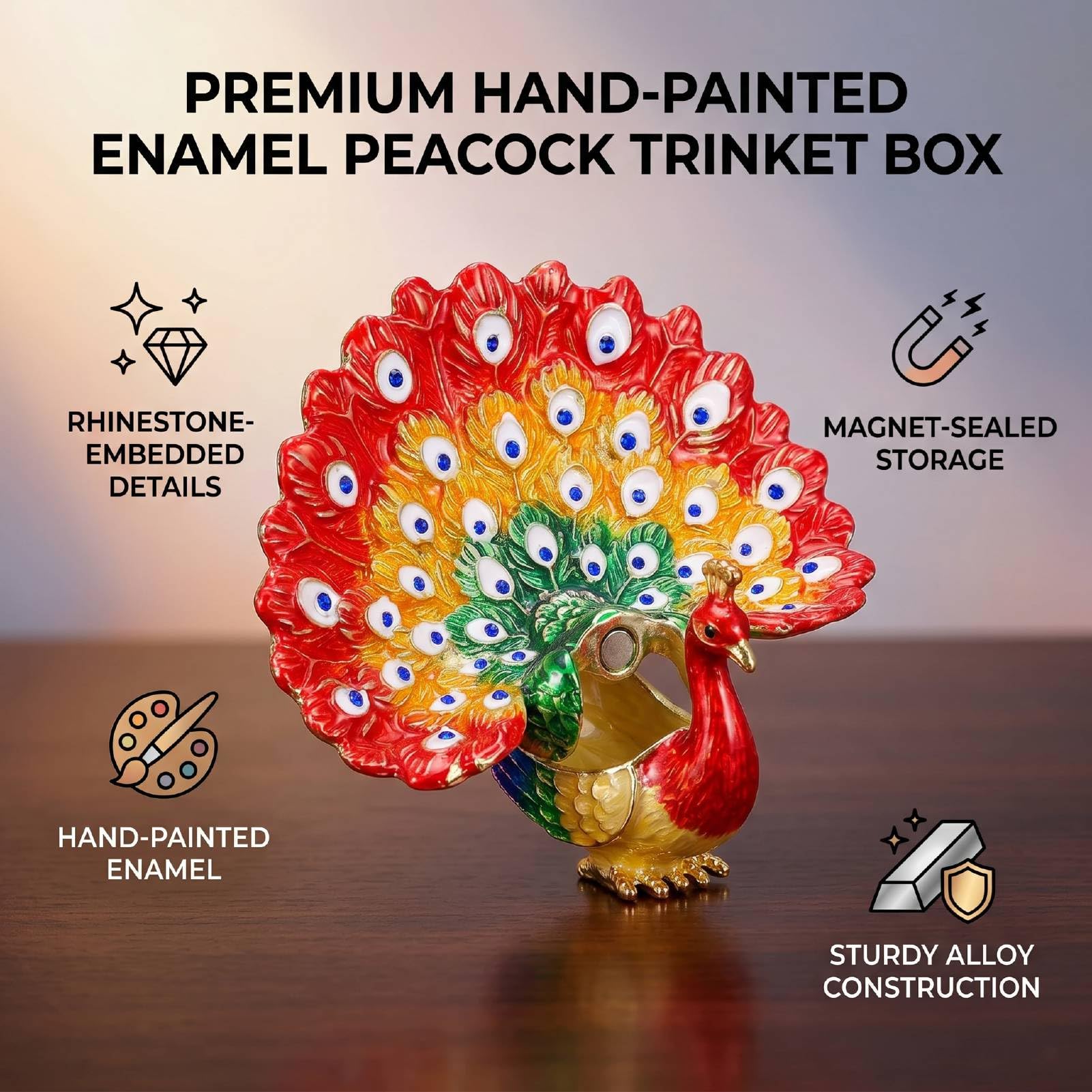 Luocute Caja de Baratija de Pavo Real Esmaltada, Joyero Pintado a Mano con Diamantes de Imitación y Cierre Magnético, para Decoración del Hogar (rojo)