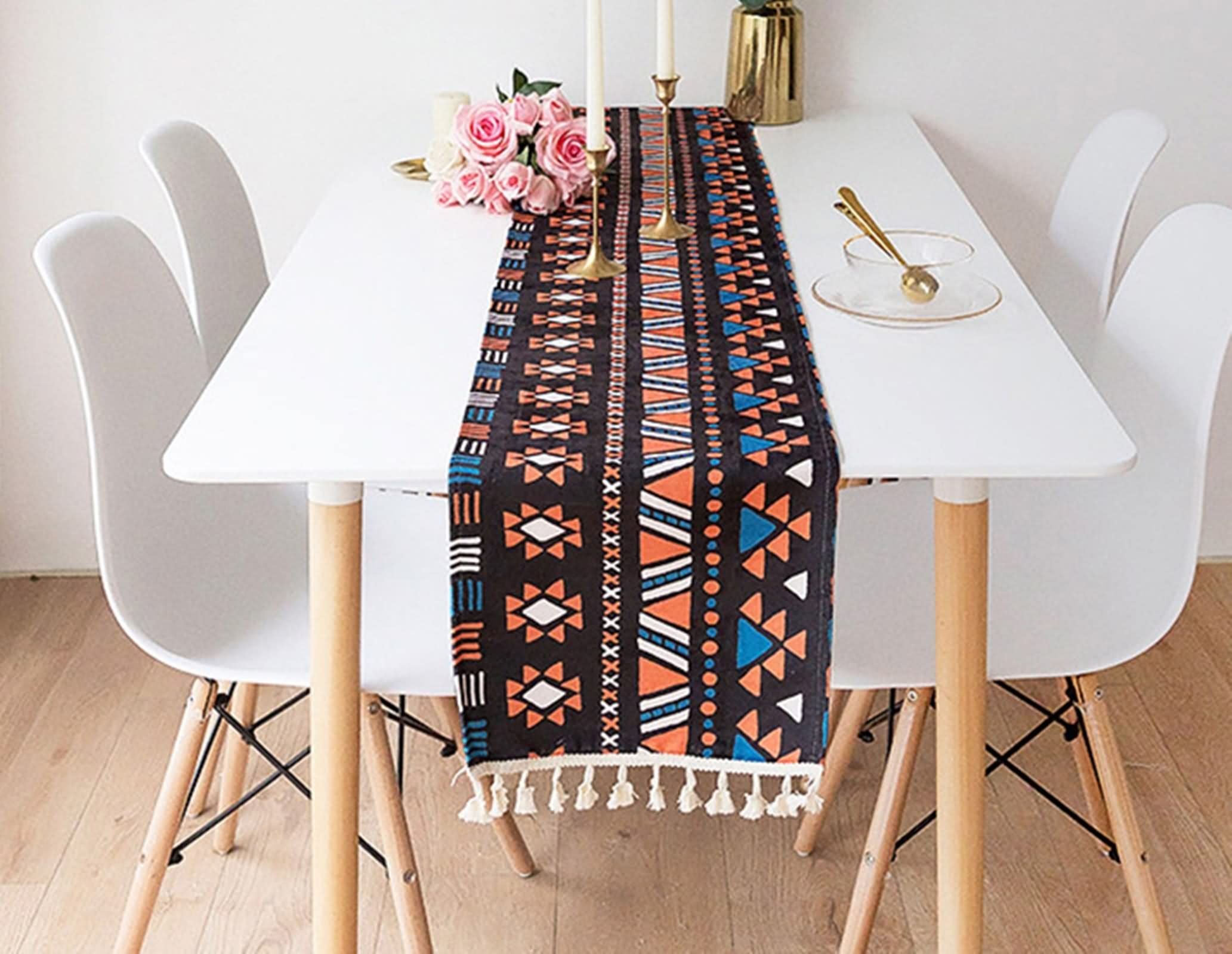 Tischdekor Hochzeit, Tischläufer Weihnachten aus Polyester Geometrisches Dreiecksmuster mit Quasten Orange Blau 50x180CM für Abendessen