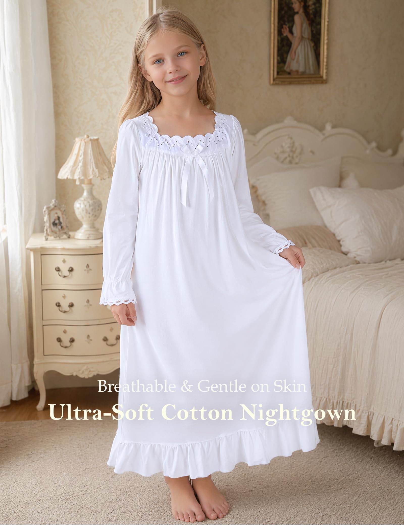 CHUNG Little Big Girls Nuisette en modal à manches longues pour fille de 3 à 12 ans Robe de nuit vintage à col rond et carré