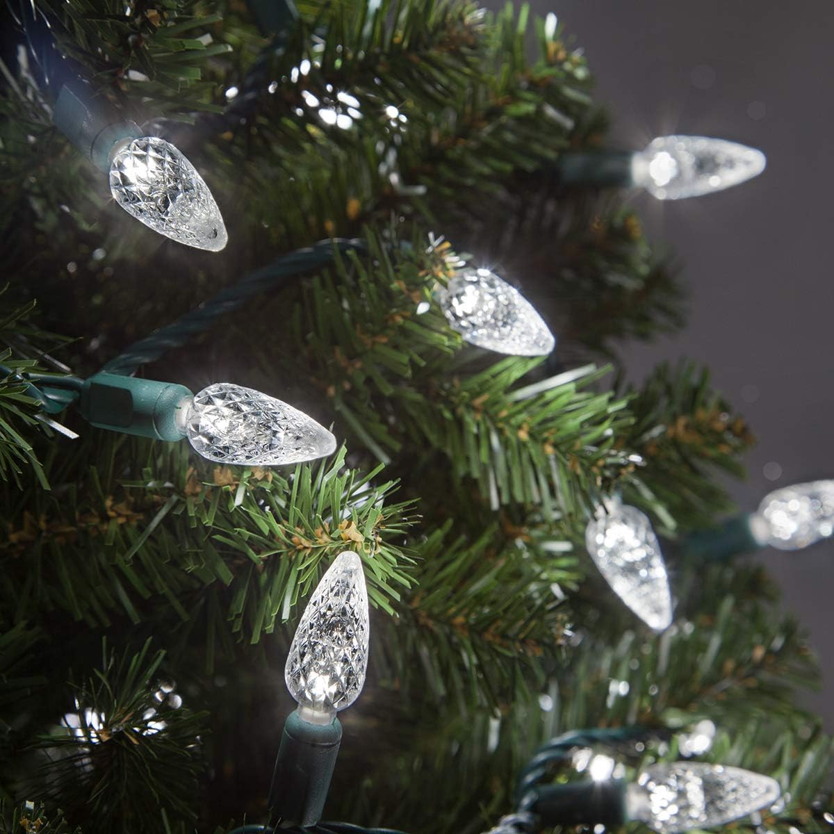 24 ft 70 Count C6 LED Cool White Christmas Lights, Green Wire Indoor/Outdoor Commercial Grade String for Holiday and Tree Lighting