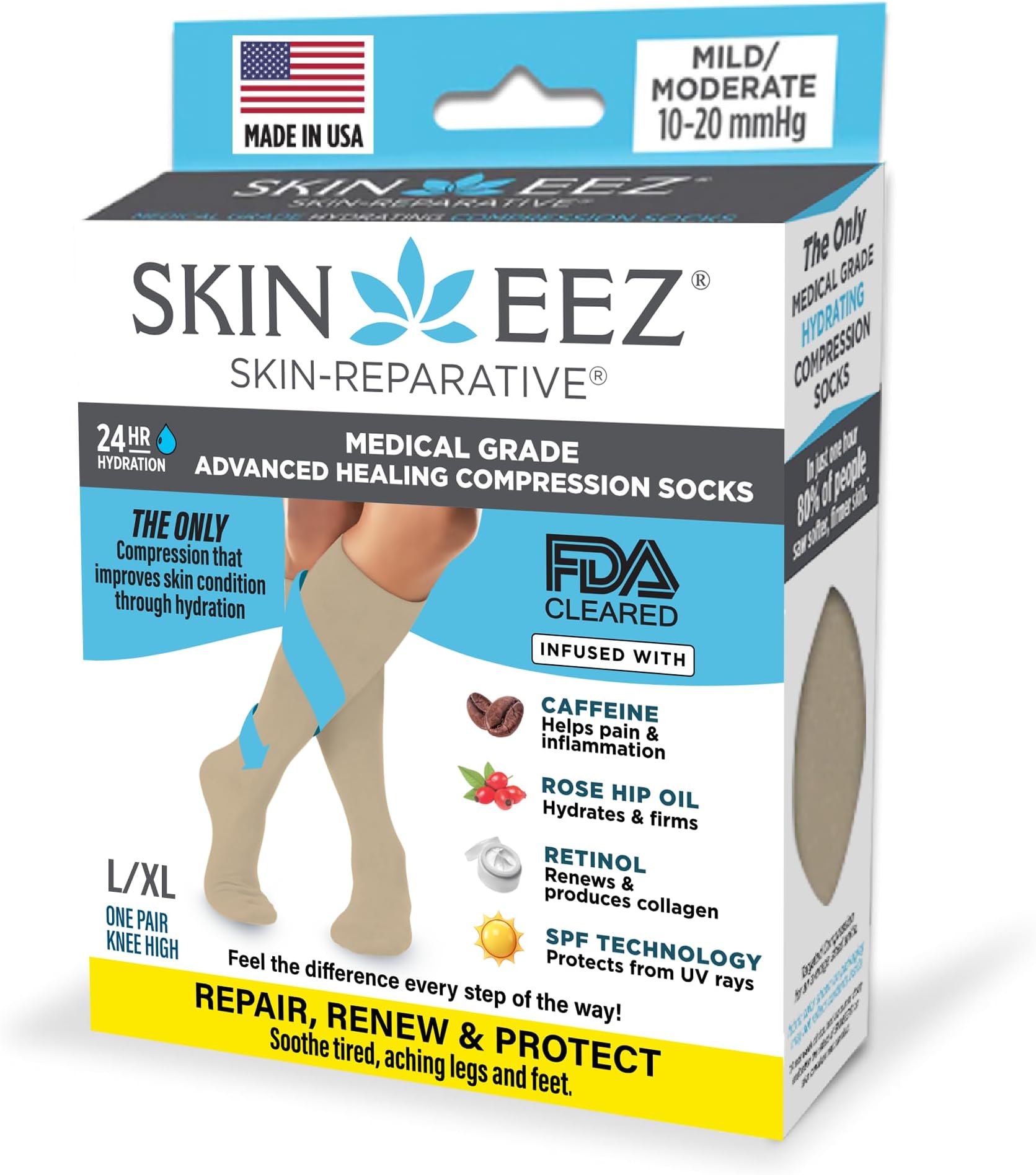 Skineez Skin-Repartive Medical Grade Hydrating Compression Socks 10-20 mmHg L/XL Tan