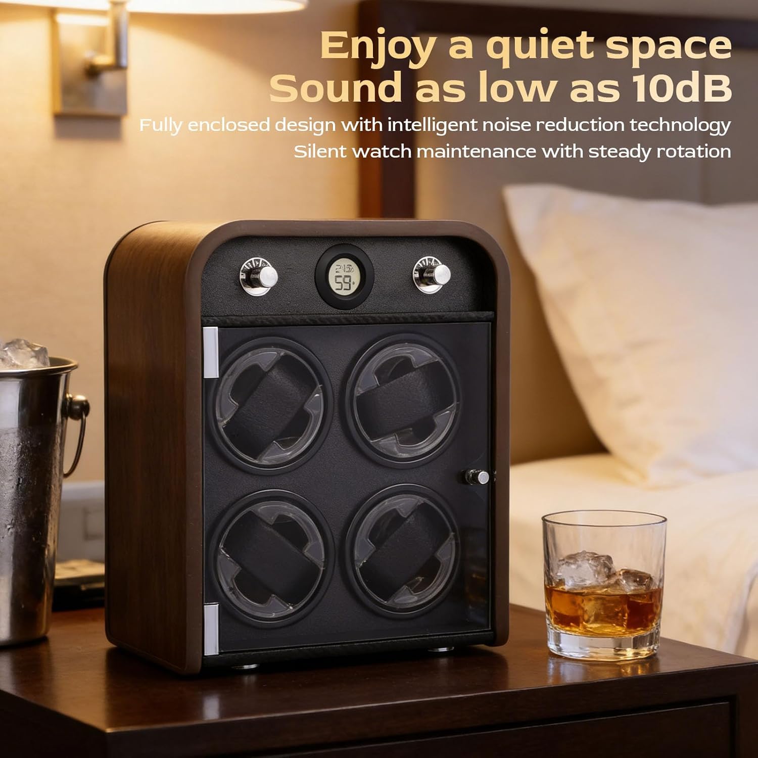 Wood Watch Winder, Accurate Temperature Humidity Sensor Winder, 10dB Quiet Operation with Controllable LED Light & Enclosed Design, Ideal for Mechanical Watches