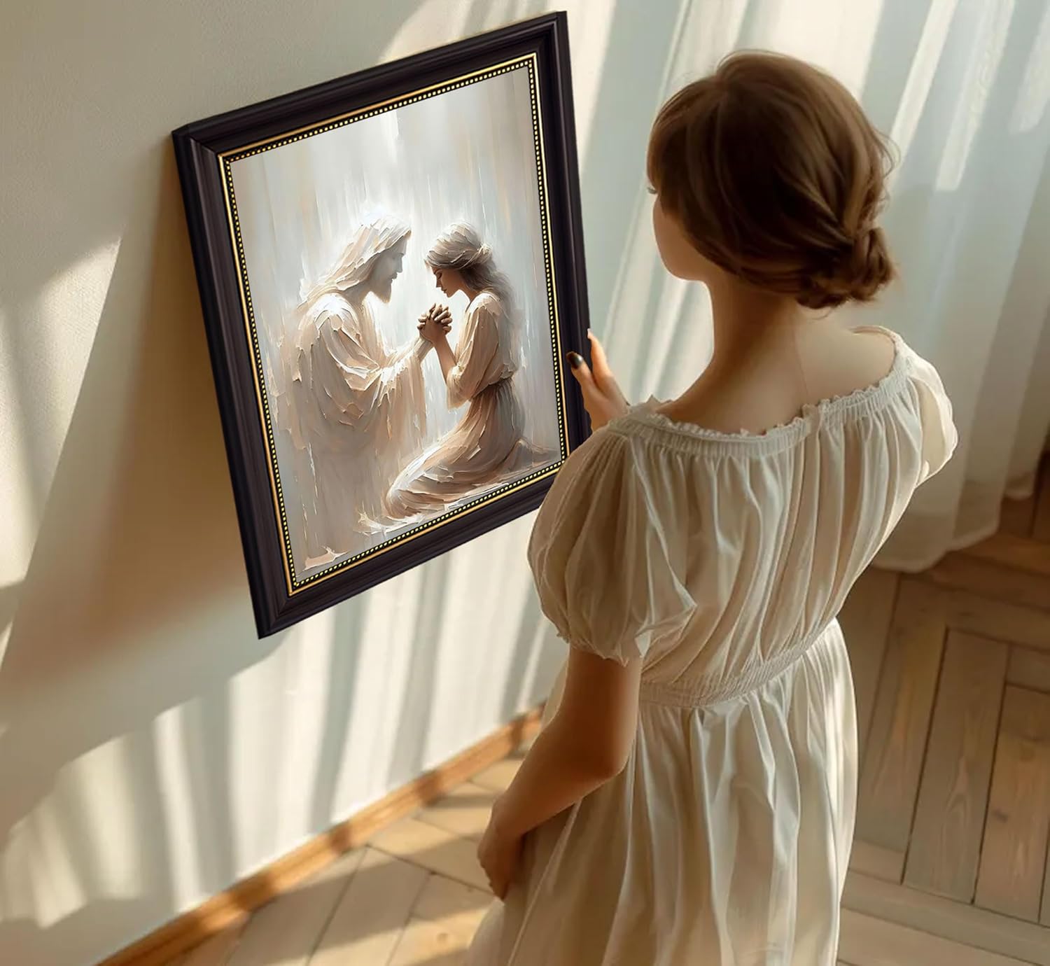 Dark Brown Framed Jesus And Woman Prayer Canvas Wall Art Jesus heals woman Wall Decor Picture Christ is with you Poster Print for Living Room Bedroo Church prayer room Decoration