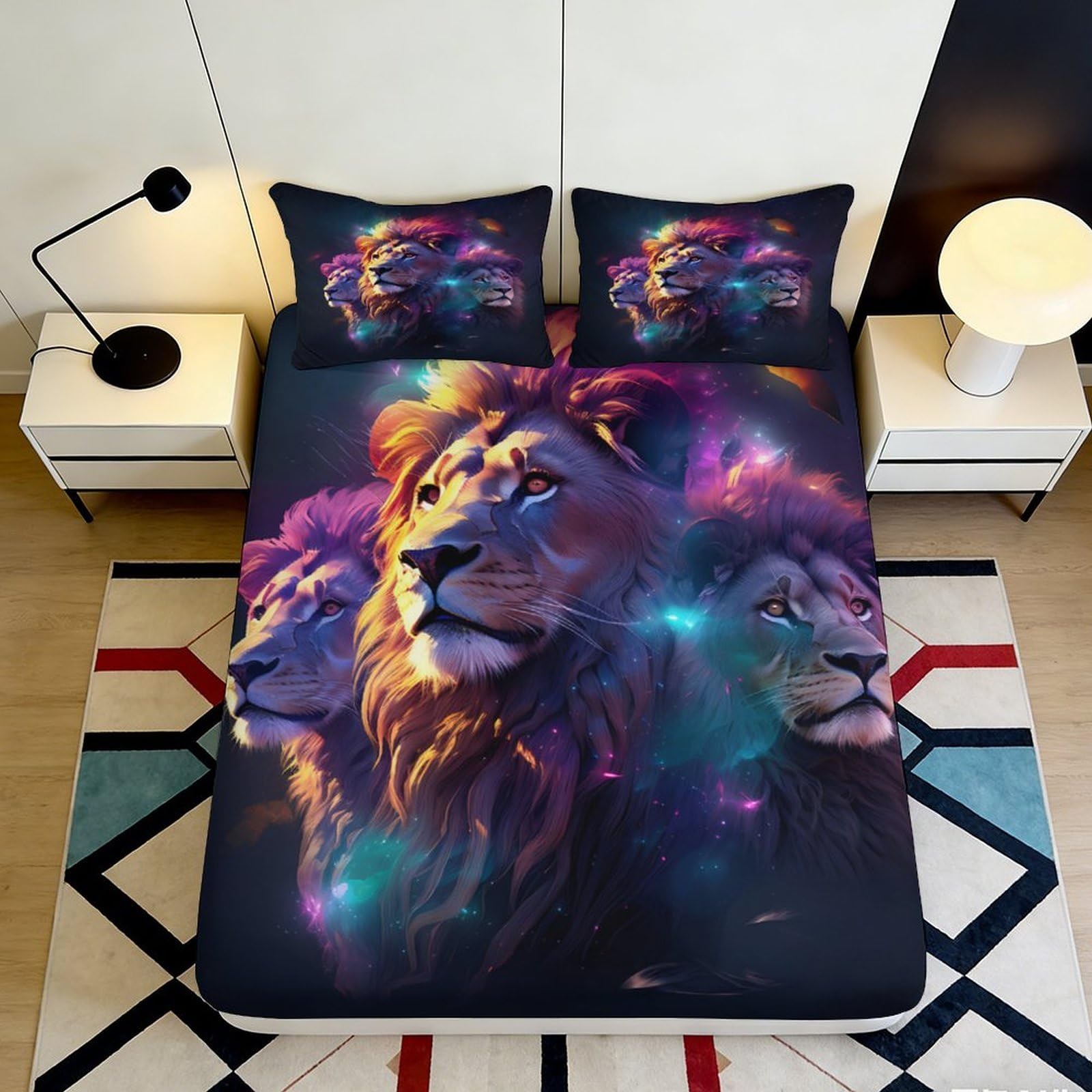 3D Printed Lion Galaxy Fitted Sheet Microfiber Bedroom Decor Cosmic Nebula Mattress Cover for Home Dorm Protection 90x200x25cm