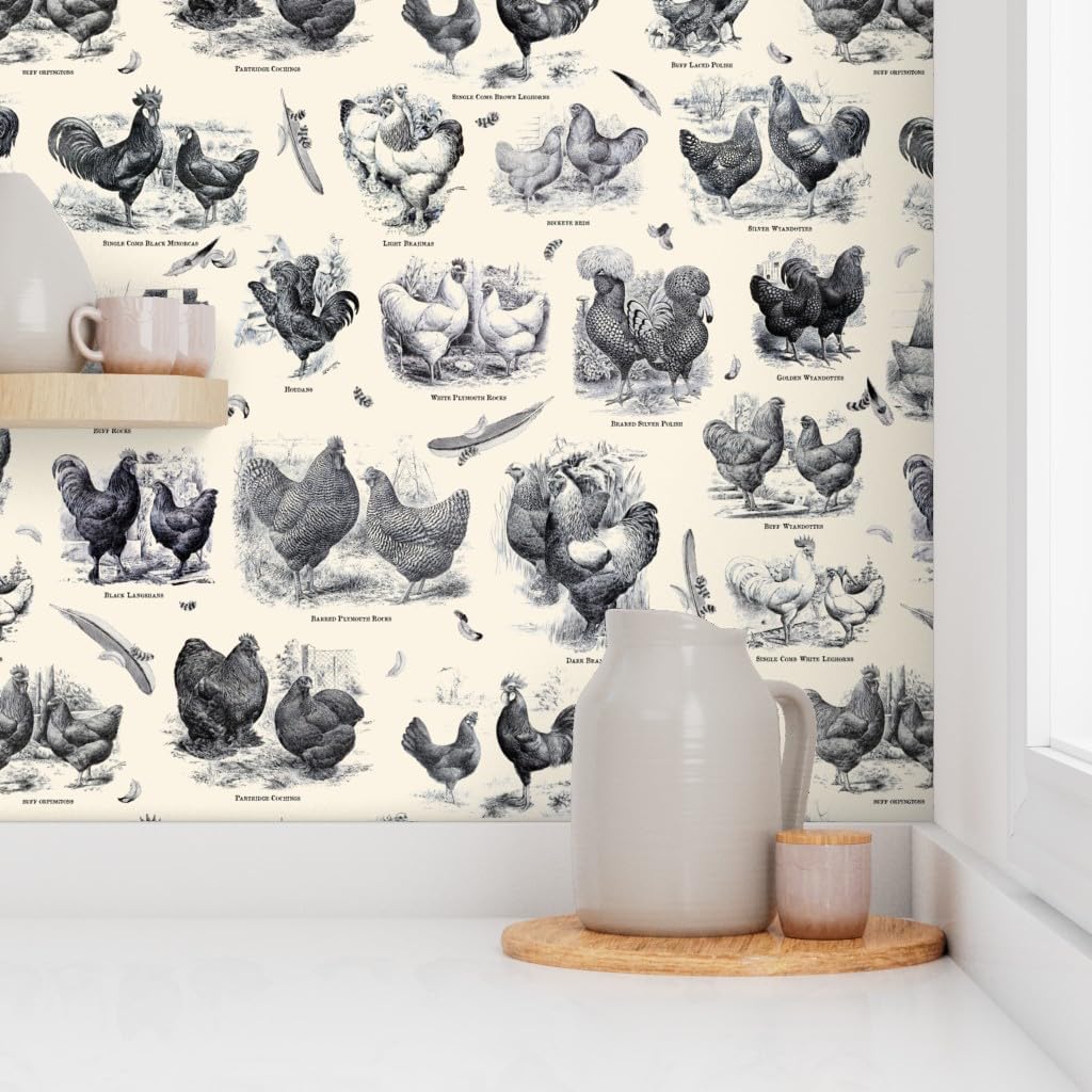 Removable Wallpaper 6ft x 2ft - Poultry Cream Black Toile Vintage Antique Victorian Historical Chicken Custom Pre-Pasted Wallpaper by Spoonflower