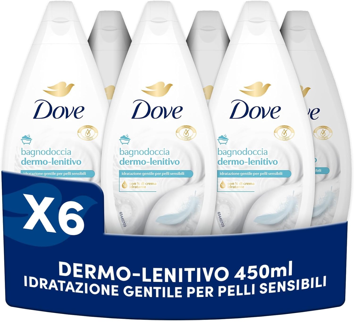 Dove Bagnodoccia Dermo Lenitivo 450 ml, Bagnoschiuma Delicato per Pelli Sensibili con 1/4 Crema Idratante Detergente Corpo Nutriente e Idratante per Pelle Morbida e Liscia