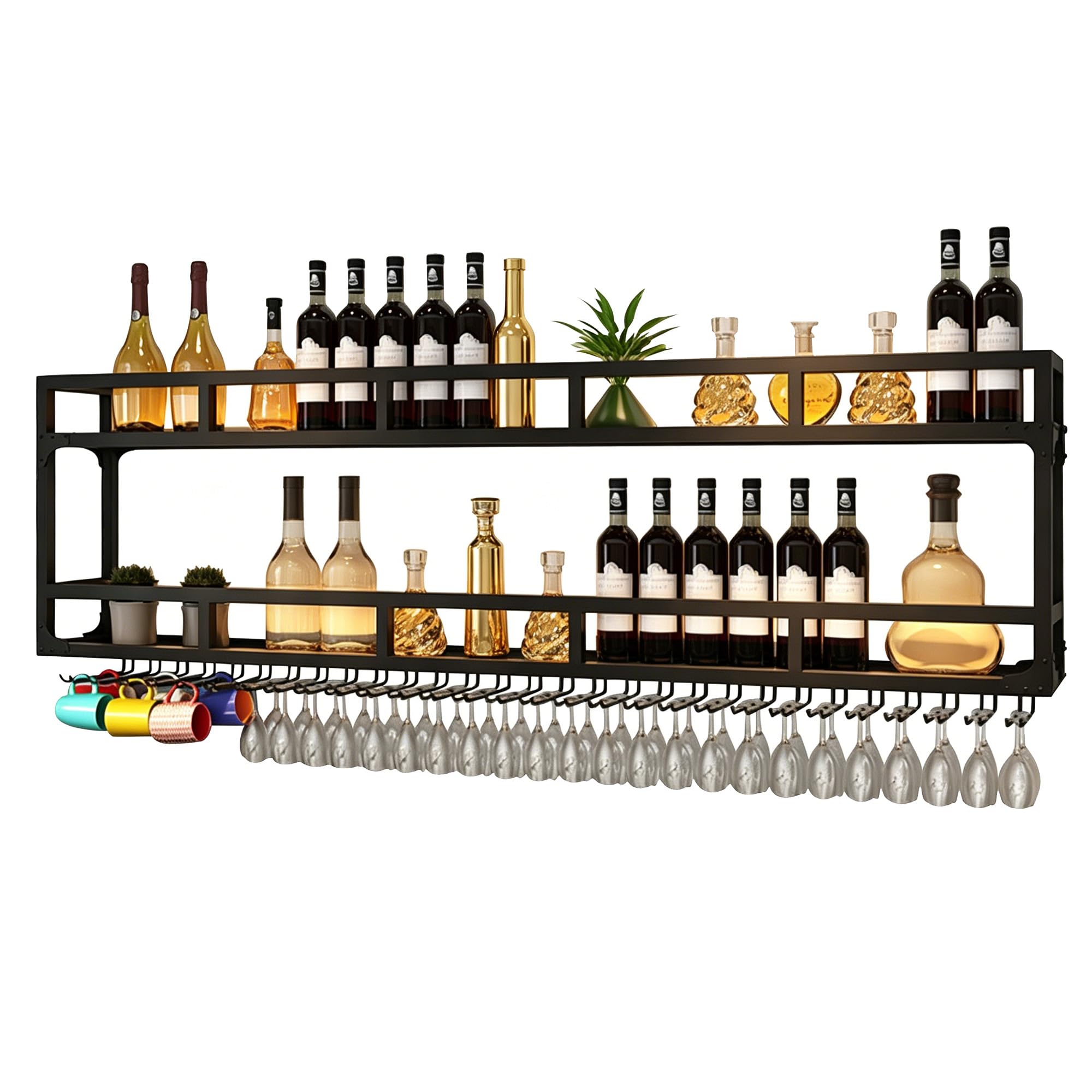Metal Bar Shelves Wine Rack Wall Mounted Liquor Bottle Display Shelf with Wine Glass Rack and LED Light Kitchen Racks for Wine Bottles Floating Bar Mini Bar for Home Bar Restaurant Cafe Kitchen(Black,