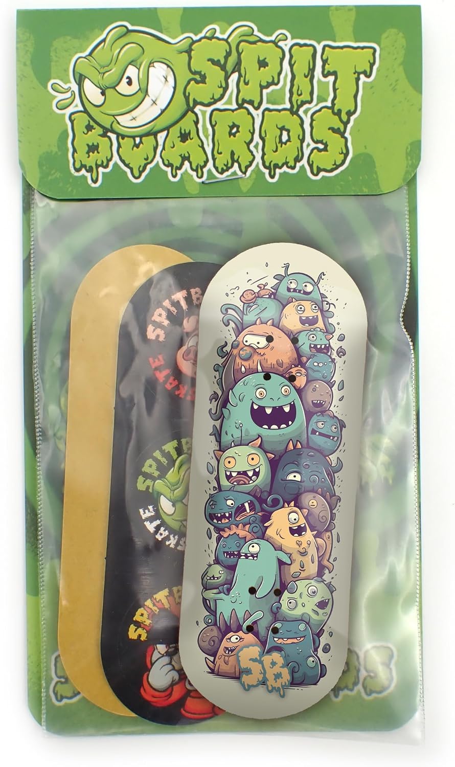 SPITBOARDS® 34mm Fingerboard Deck - Real Wood (5-Layers) Classic Popsicle Street Shape - Size: 34 x 96 mm - Single Graphic Deck (Real Wear) - Optimized Concave - Monster Party