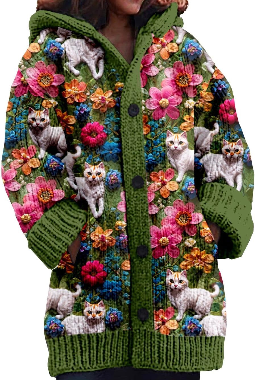 Women Hooded Cardigan Coat Long Sleeve Button Front Knit Sweater Jacket with Pockets Warm Fall Winter Casual Outwear